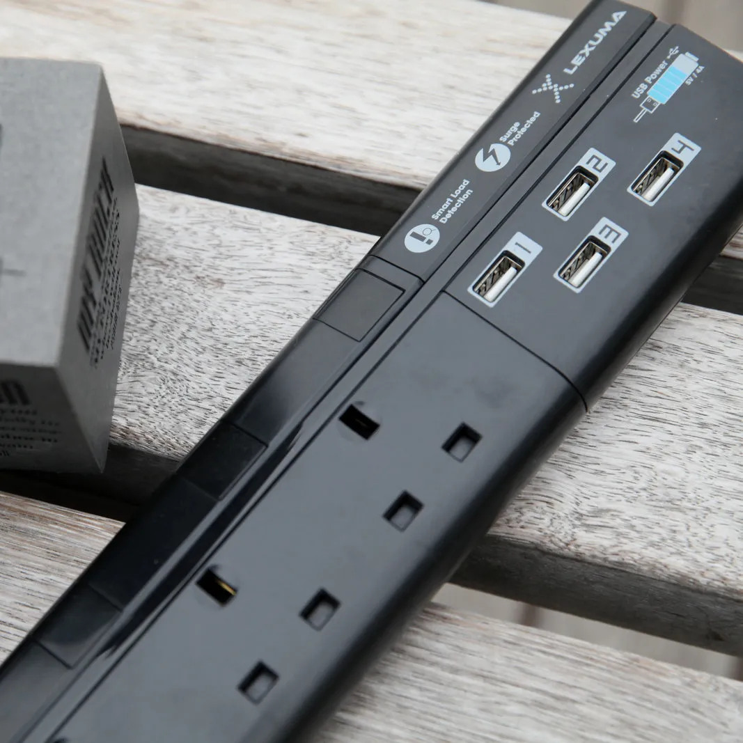 Lexuma XStrip – 6 Gang UK Surge Protector Power Strip with 4 USB Ports