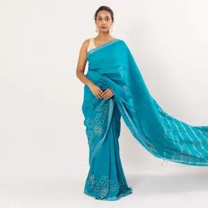 Linen Embroidered Saree | Blue