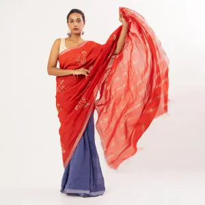 Linen Embroidered Saree | Red & Purple