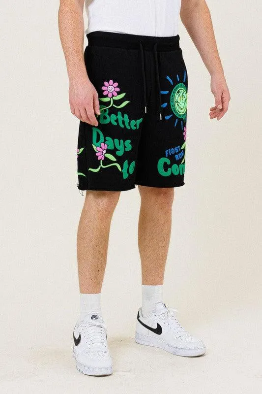 Mens Black Flower Graphic Terry Shorts