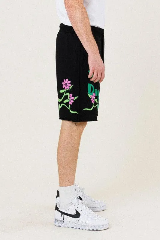 Mens Black Flower Graphic Terry Shorts