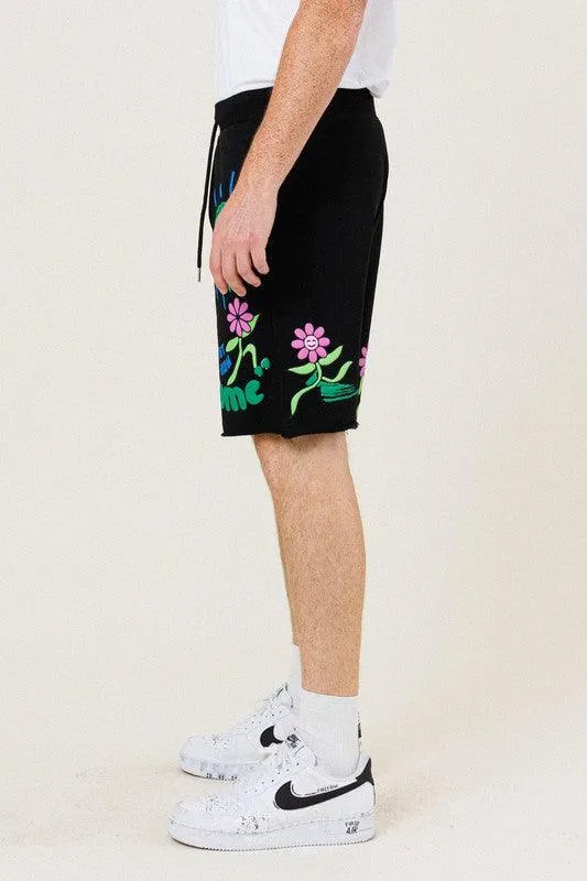 Mens Black Flower Graphic Terry Shorts