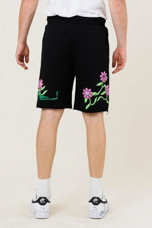 Mens Black Flower Graphic Terry Shorts