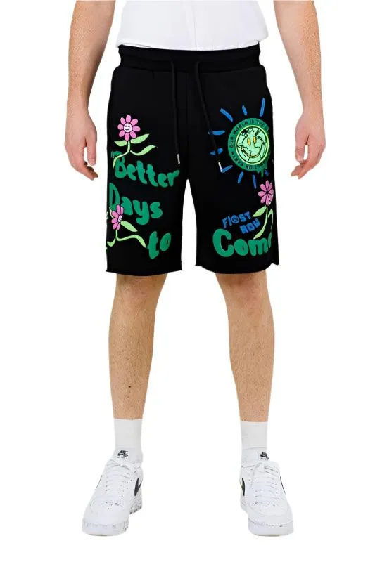 Mens Black Flower Graphic Terry Shorts