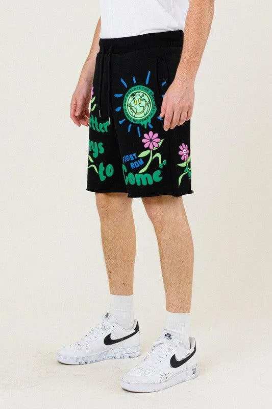 Mens Black Flower Graphic Terry Shorts