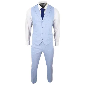 Mens Summer Suit Waistcoat Trousers Linen Smart Formal Baby Blue Wedding