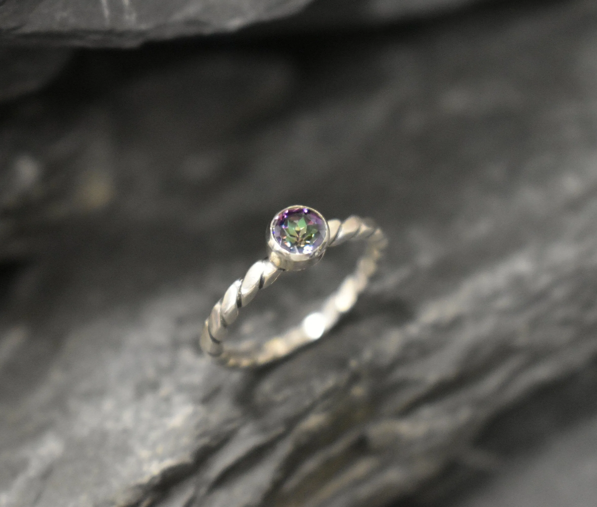 Mystic Topaz Ring - Round Purple Ring - Twisted Silver Band