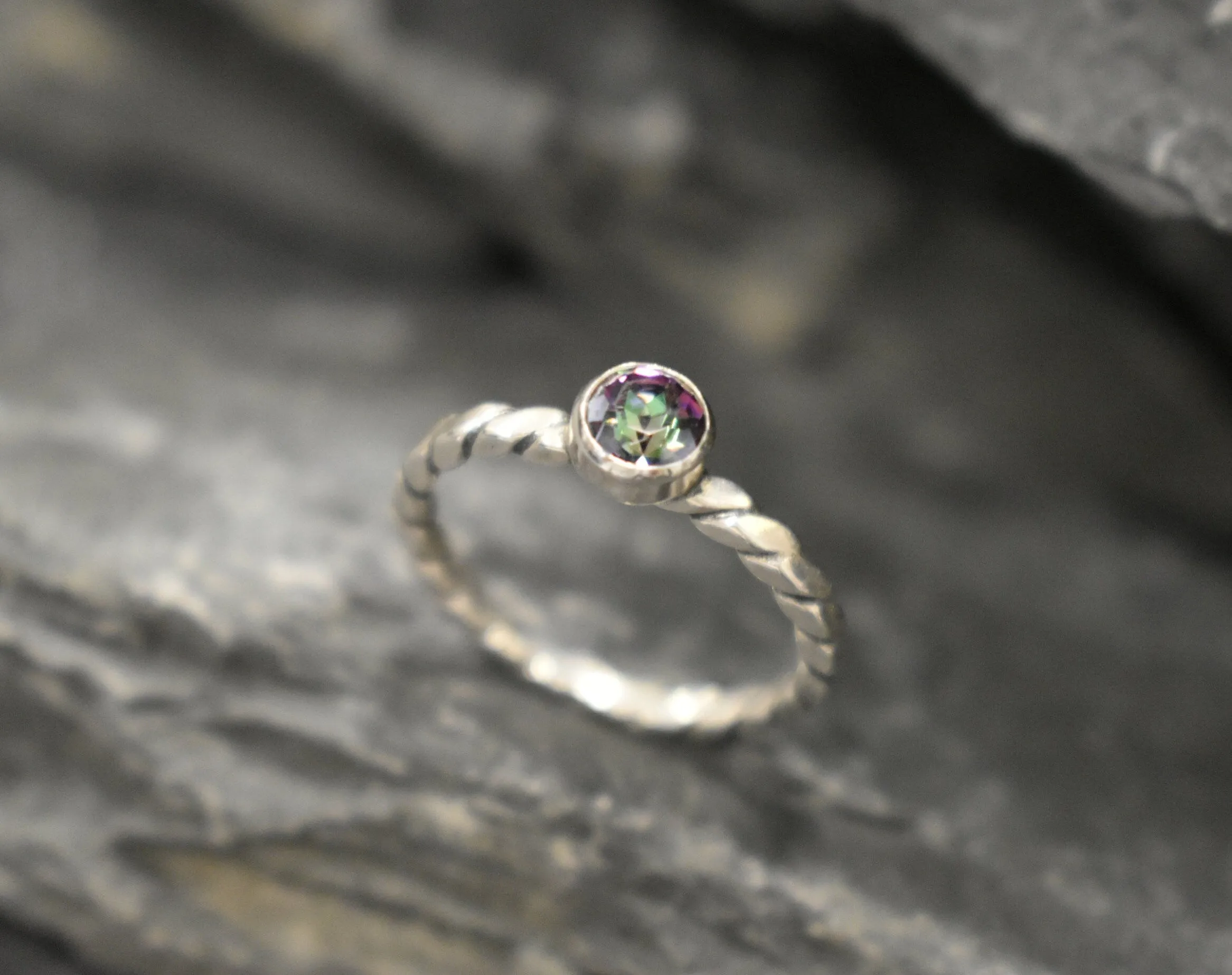 Mystic Topaz Ring - Round Purple Ring - Twisted Silver Band