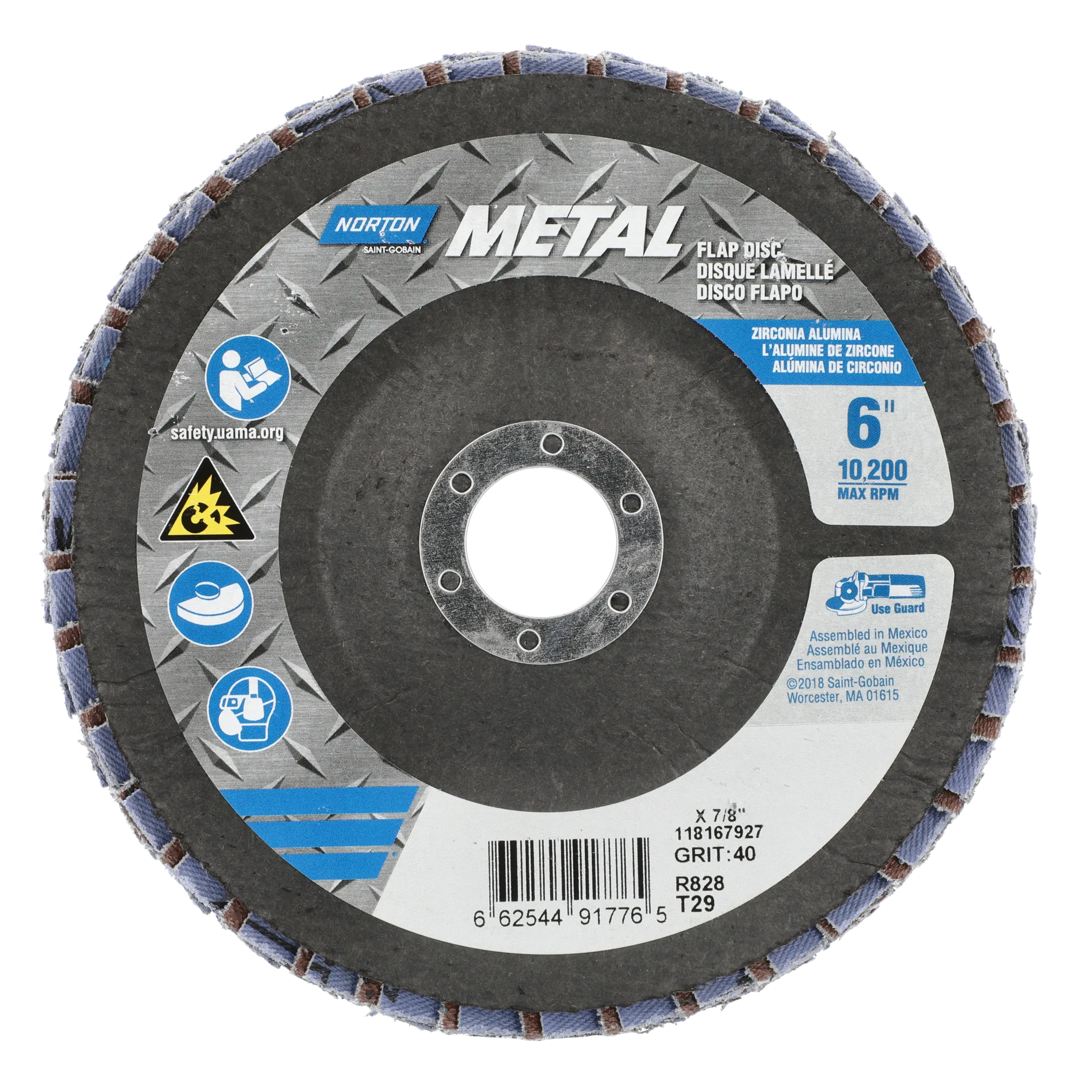 Norton 6 x 7/8 In. Metal Fiberglass Conical Flap Disc T29 P40 Grit R828 ZA 10 Count