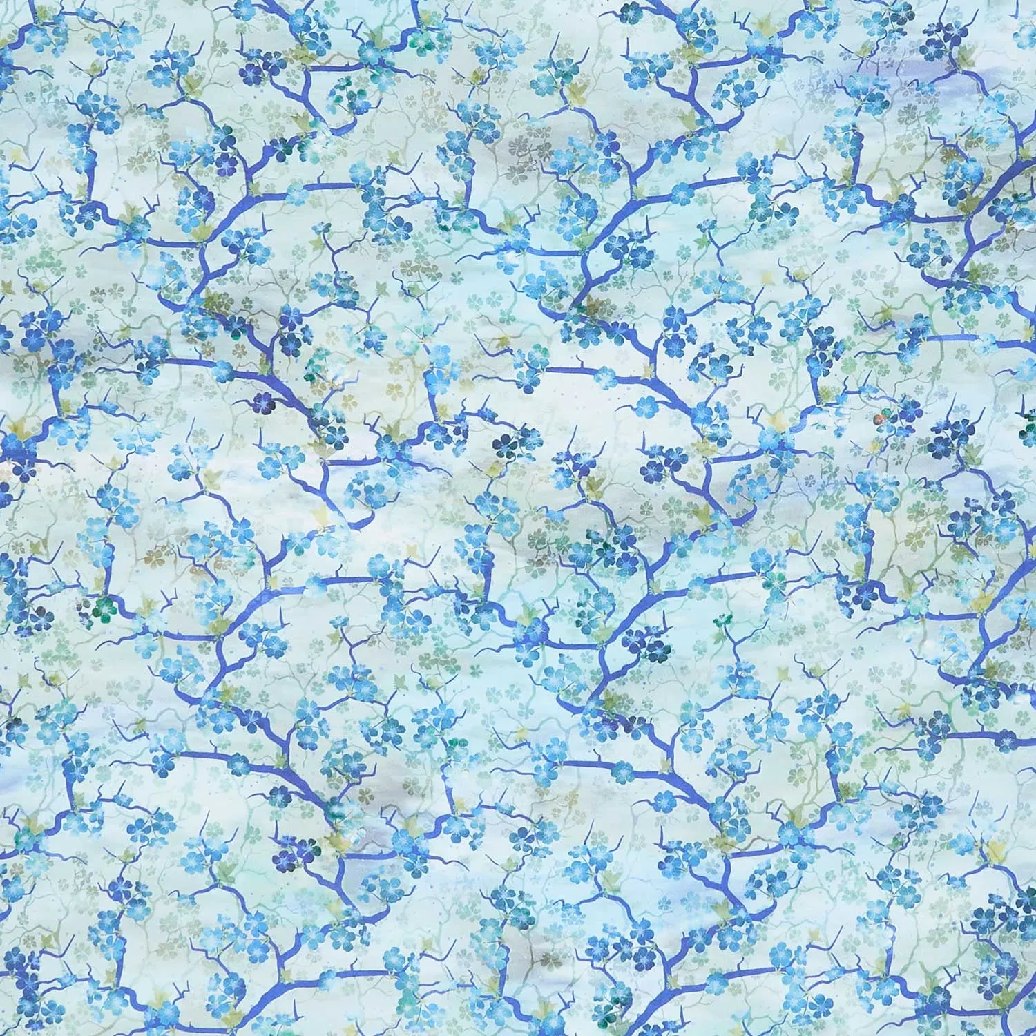 Oriental Gardens - Cherry Blossoms Blue Digitally Printed Yardage