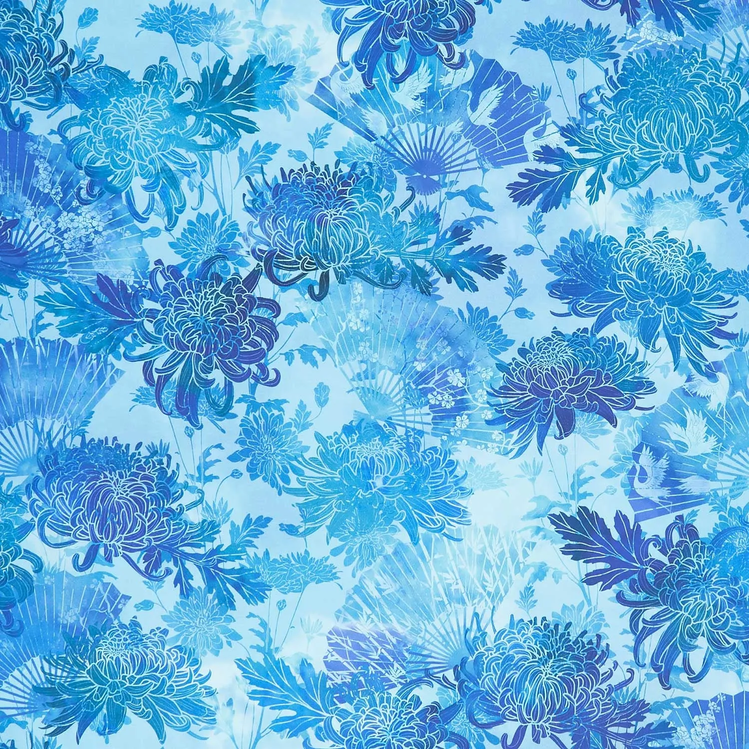 Oriental Gardens - Fans & Mums Blue Digitally Printed Yardage