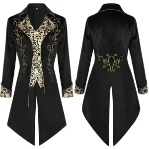 Ornate Steampunk Retro Tail Jacket with Gold Embroidery