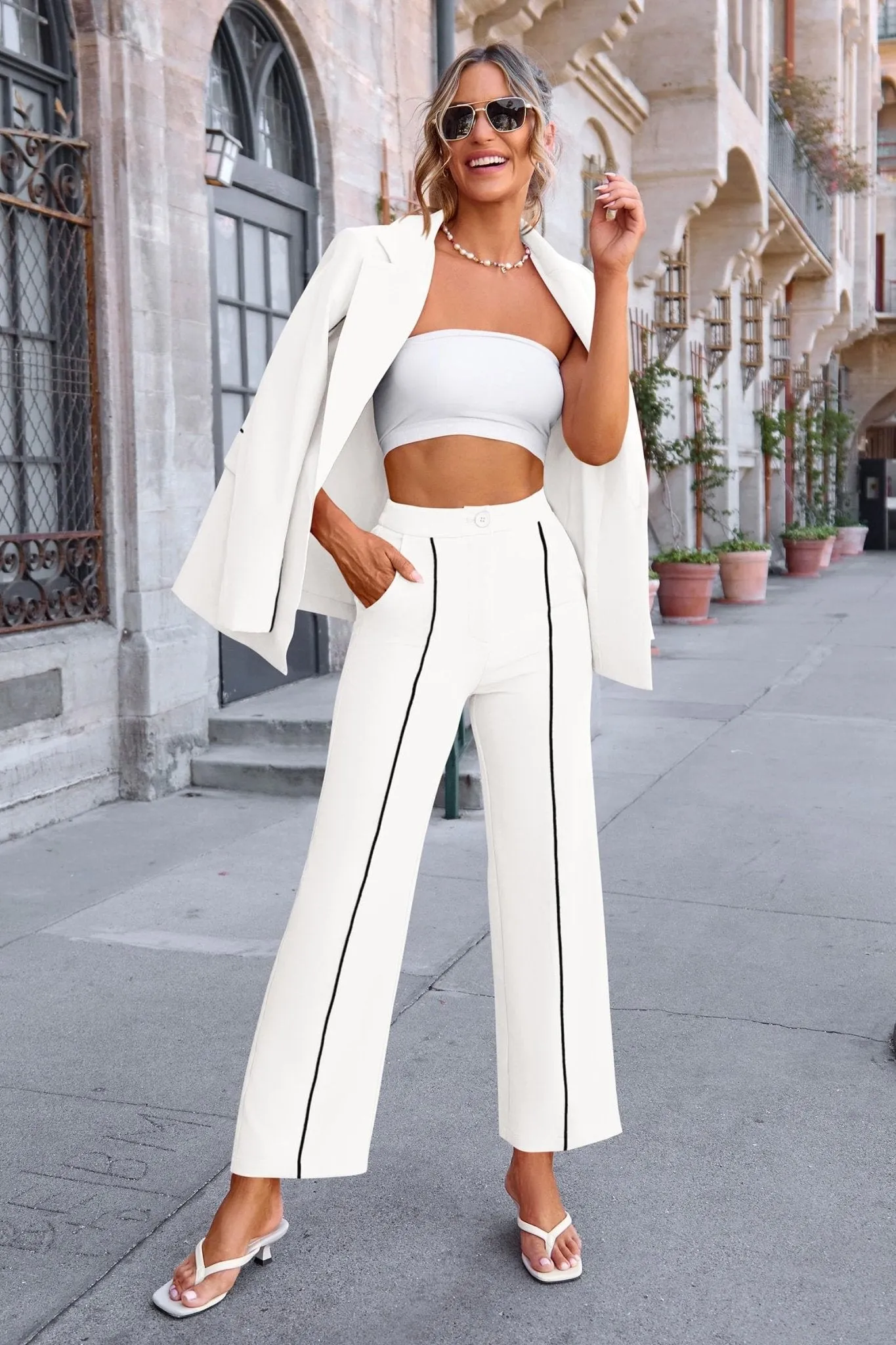 PRETTYGARDEN Women's Fall 2 Piece Blazer Outfits Business Casual Oversized Jacket Wide Leg Work Pants Dressy Suit Set (White,X-Large)