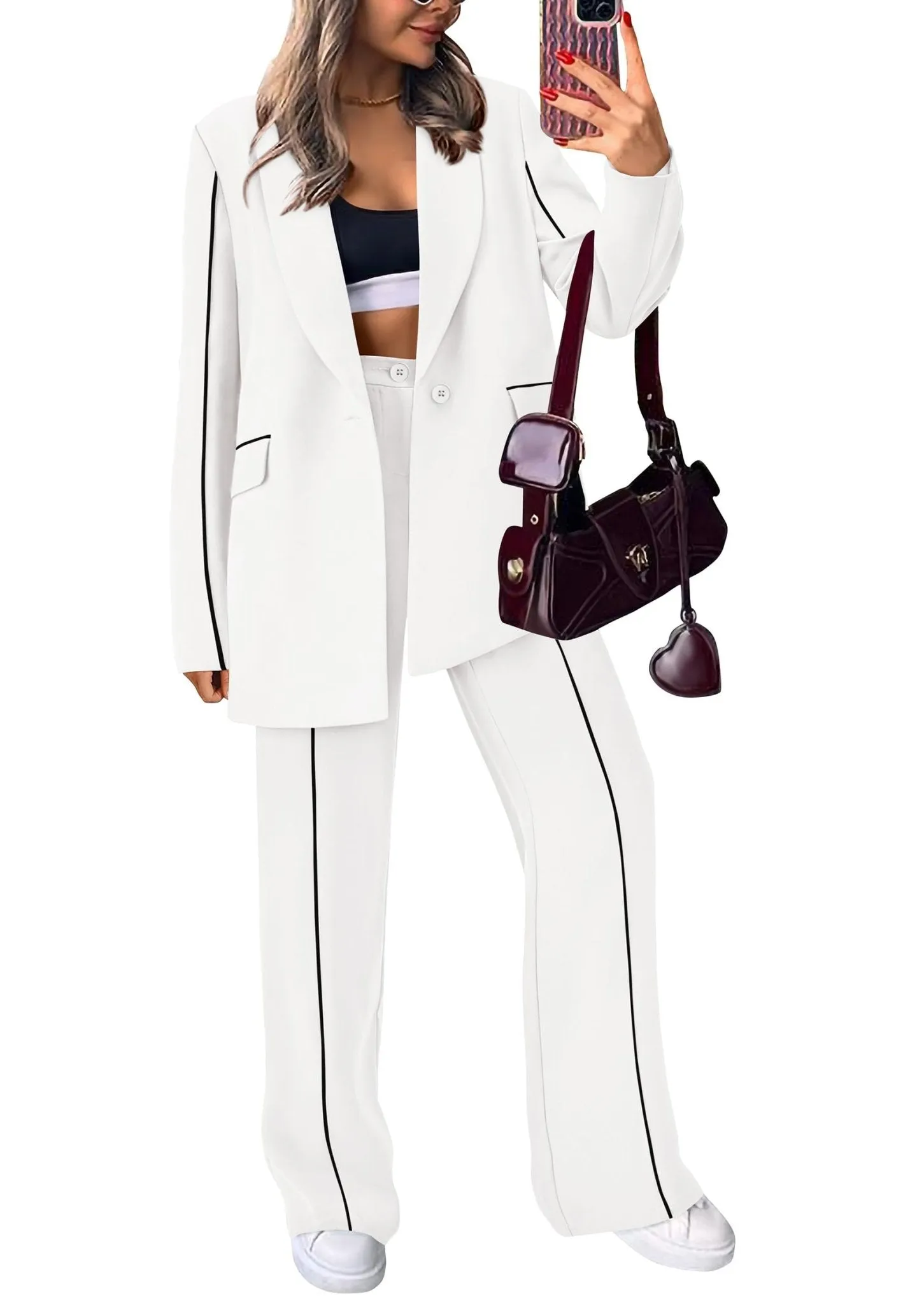 PRETTYGARDEN Women's Fall 2 Piece Blazer Outfits Business Casual Oversized Jacket Wide Leg Work Pants Dressy Suit Set (White,X-Large)