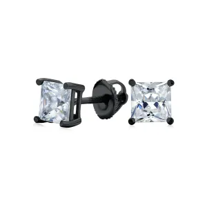 Princess Cut .50 CT CZ Stud Earrings for Men, Secure Screw Back, Black Silver