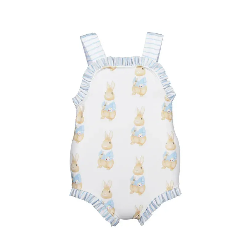 "Here Comes Hippity Hoppity" Girls Bunny Romper - Blue