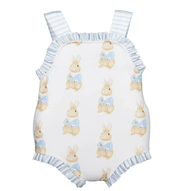 "Here Comes Hippity Hoppity" Girls Bunny Romper - Blue