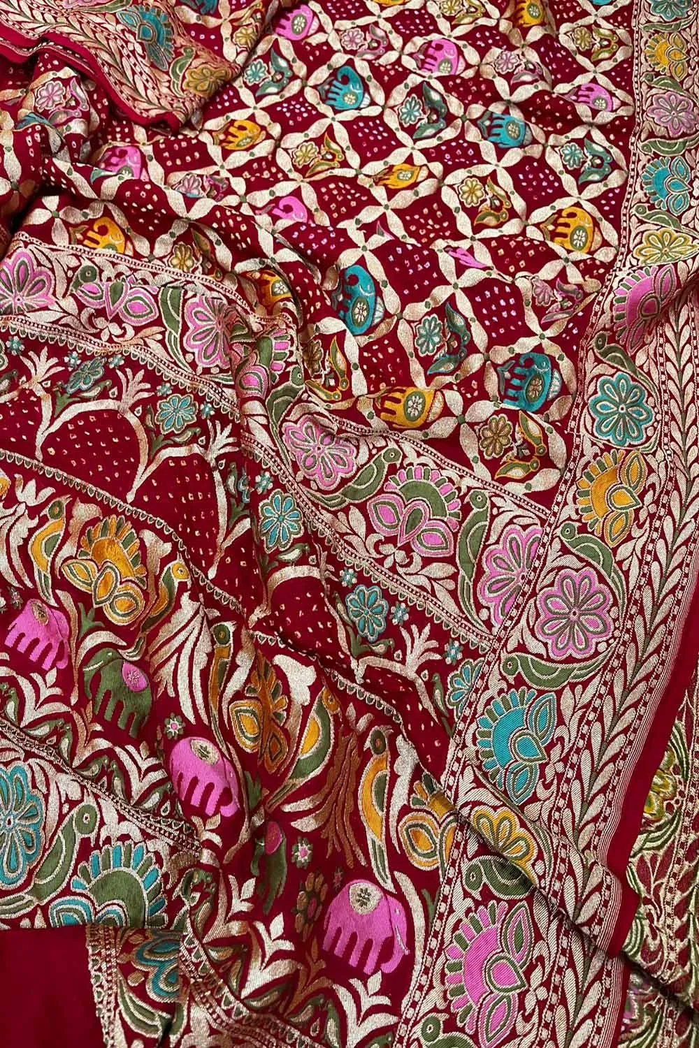 Red Banarasi Bandhani Handloom Pure Georgette Meenakari Dupatta