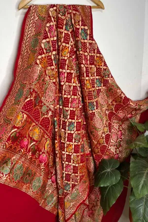 Red Banarasi Bandhani Handloom Pure Georgette Meenakari Dupatta