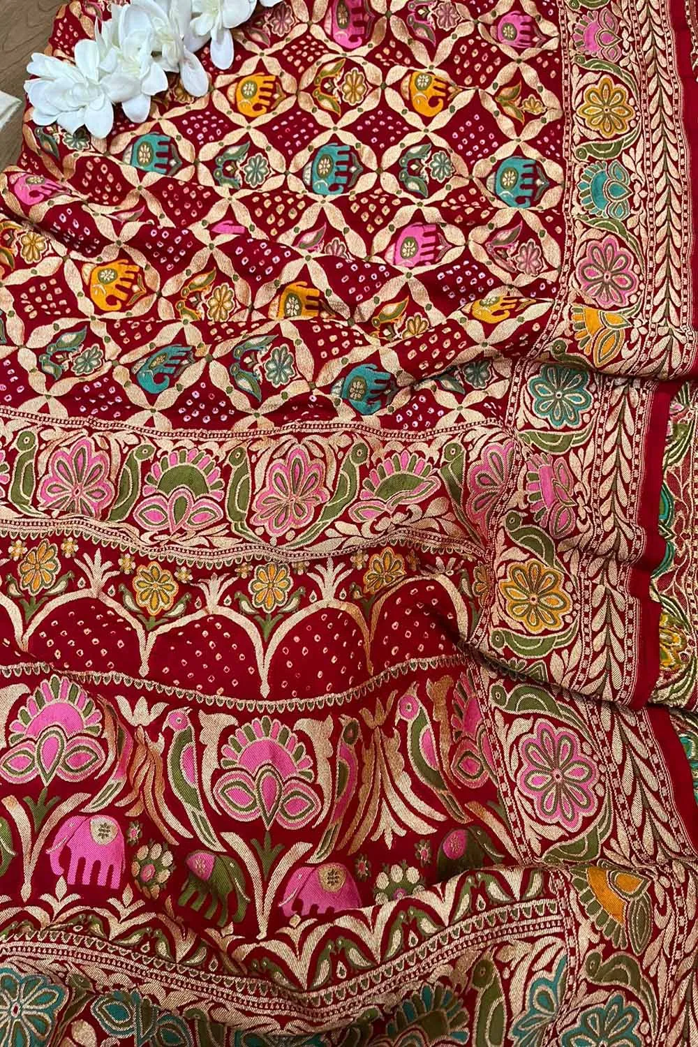 Red Banarasi Bandhani Handloom Pure Georgette Meenakari Dupatta