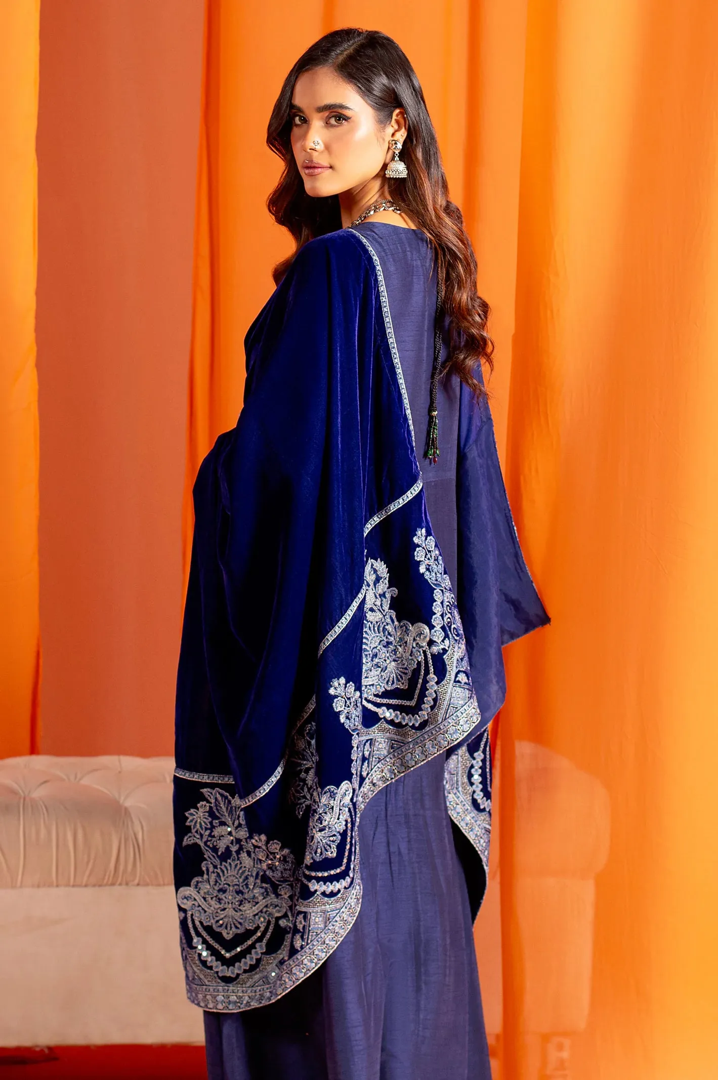 Royal Blue Embroidered Velvet Ladies Shawl