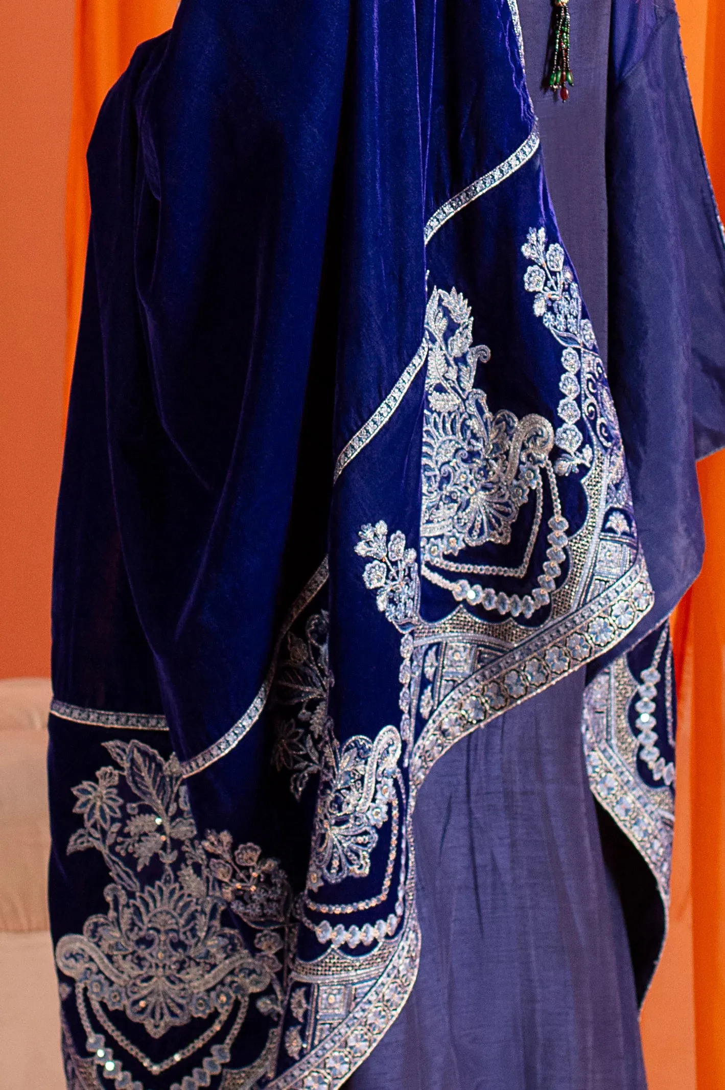 Royal Blue Embroidered Velvet Ladies Shawl