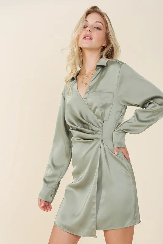 Satin collared wrap mini dress - online exclusive