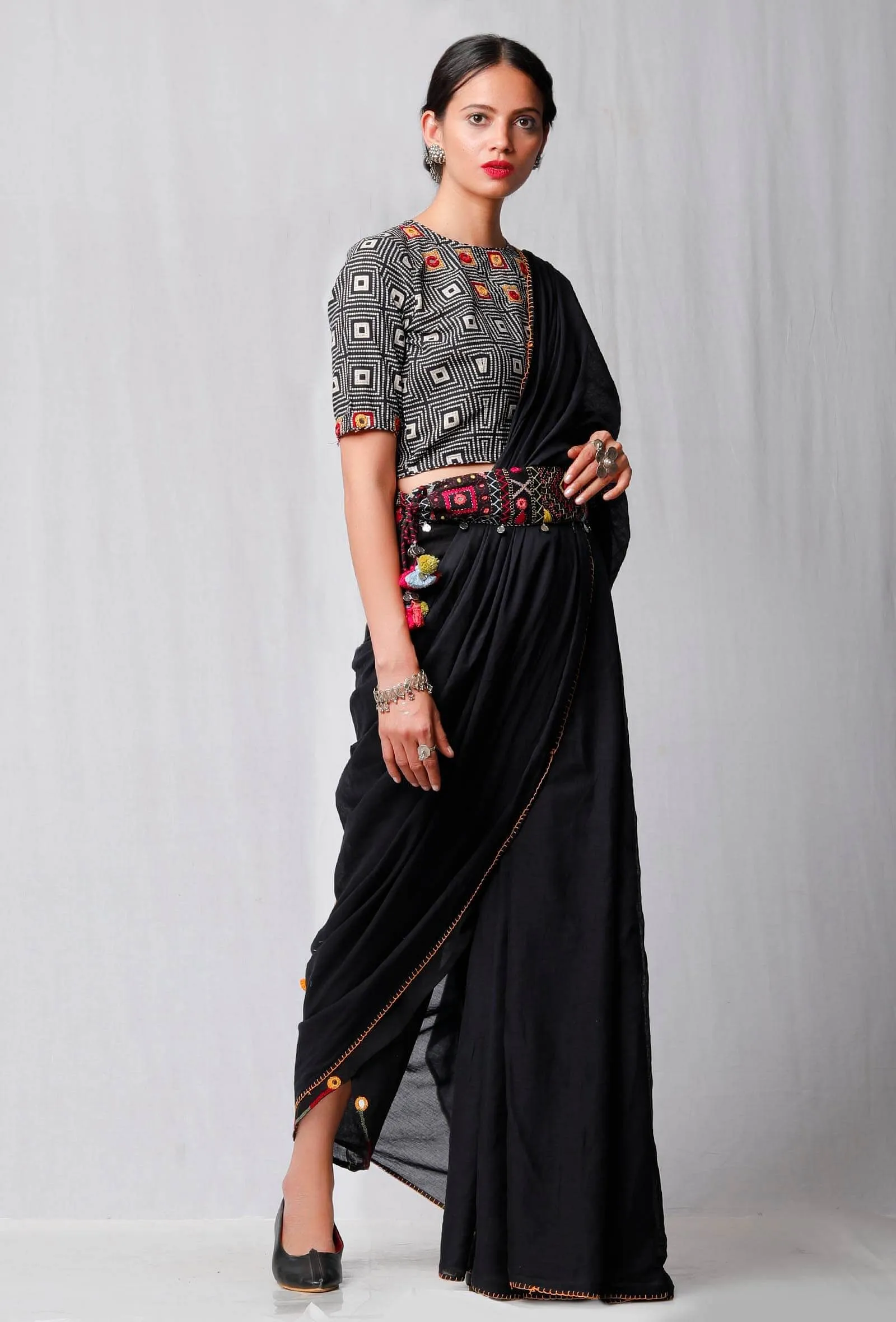 Set of 3: Black Plain Saree And Black Handblock Blouse and Handcrafted Kutch Work Belt