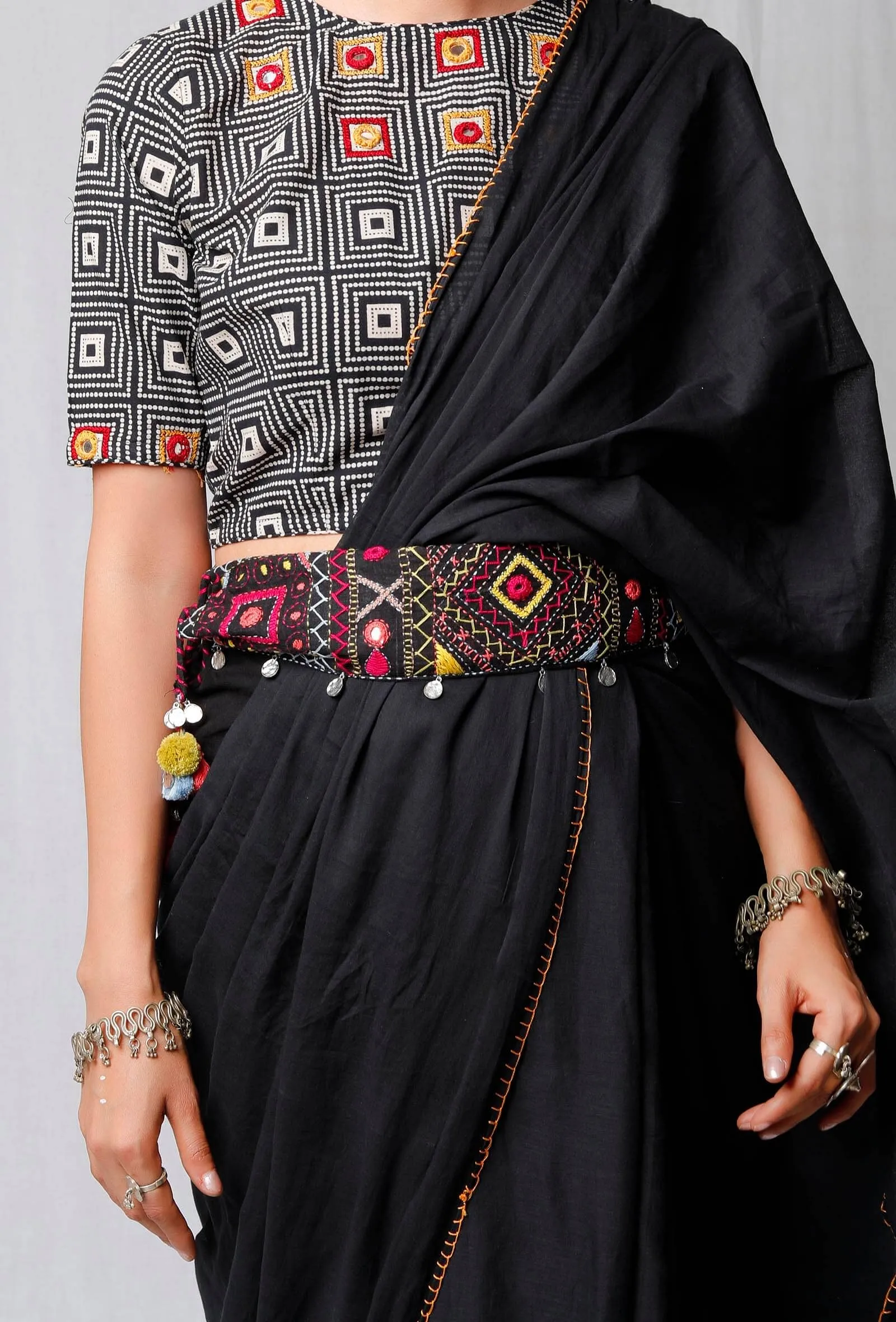 Set of 3: Black Plain Saree And Black Handblock Blouse and Handcrafted Kutch Work Belt