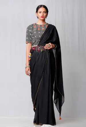 Set of 3: Black Plain Saree And Black Handblock Blouse and Handcrafted Kutch Work Belt