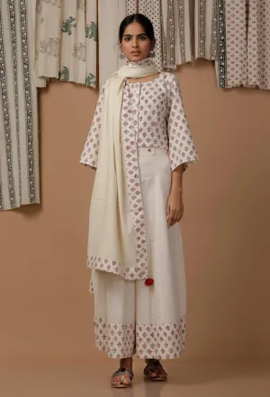 Set of 3 : Off White Hand Block Printed Cotton Top, Sari Drape and Culottes