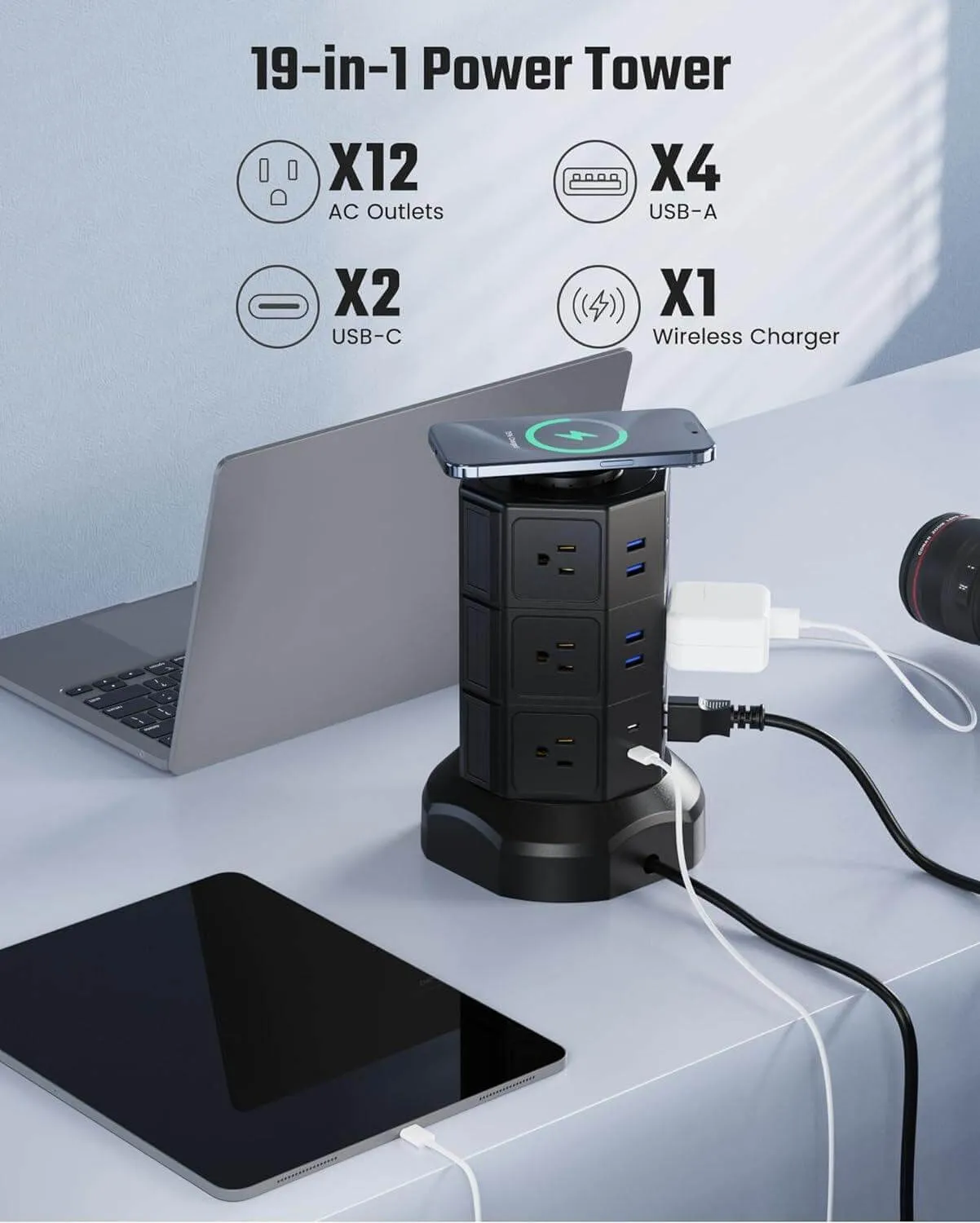 Tower Power Strip with 15W Wireless Charger