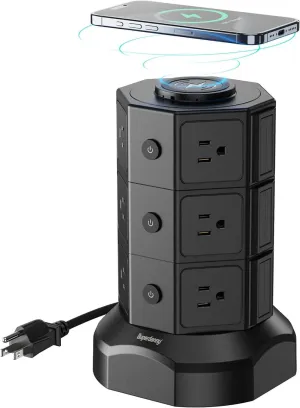 Tower Power Strip with 15W Wireless Charger