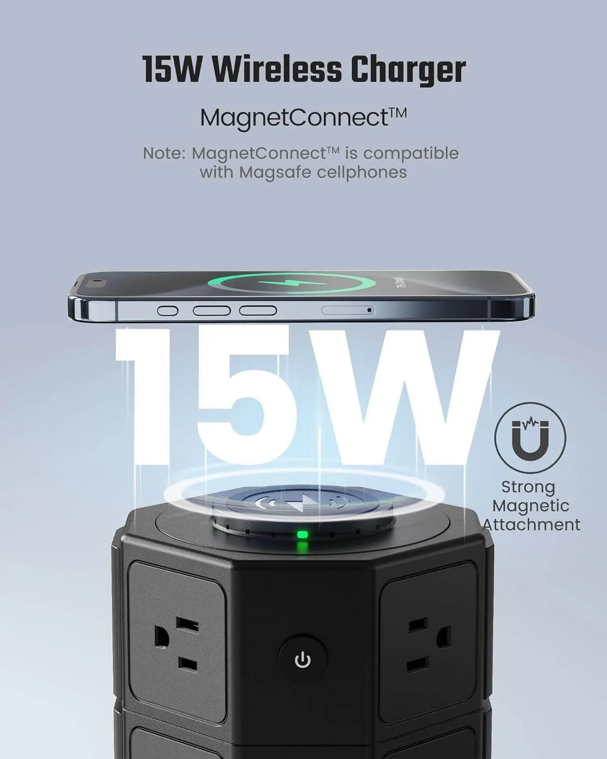 Tower Power Strip with 15W Wireless Charger