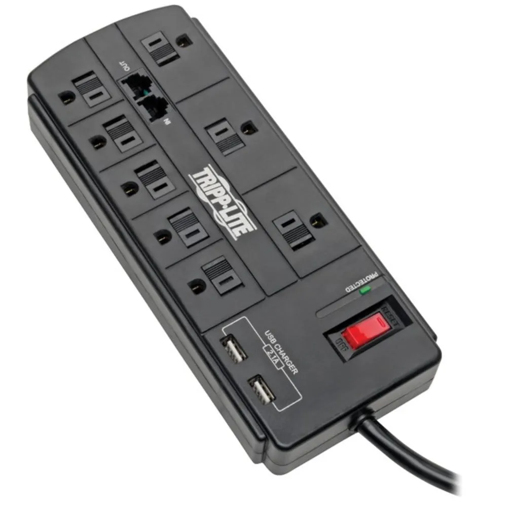 Tripp Lite TLP88TUSBB Protect It! 8-Outlet Surge Protector with 2 USB Ports , 8ft Cord (Telephone/Modem)