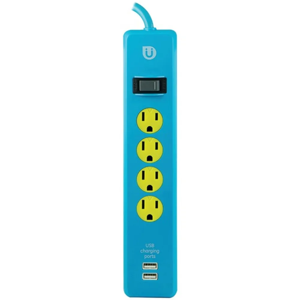 Uber 25117 4-Outlet Power Strip with 2 USB Ports, 4ft Cord (Blue & Yellow)