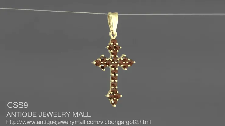 Victorian Bohemian Red Garnet Gothic Cross Pendant in Sterling Silver with Yellow Gold Vermeil