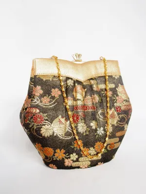 Vintage kimono bag - black and gold with flowers and thread spools