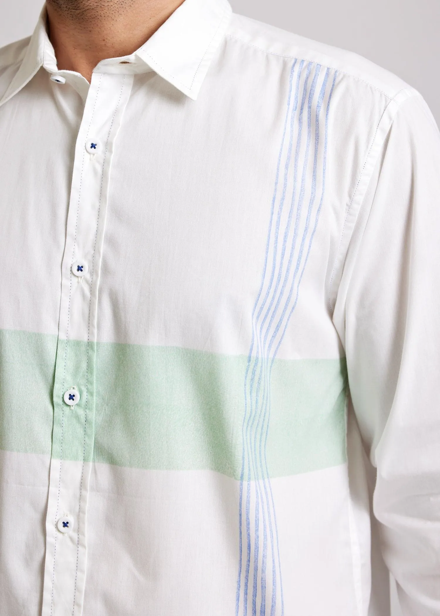 White, Green & Blue Regular Cotton Full Sleeve Shirt