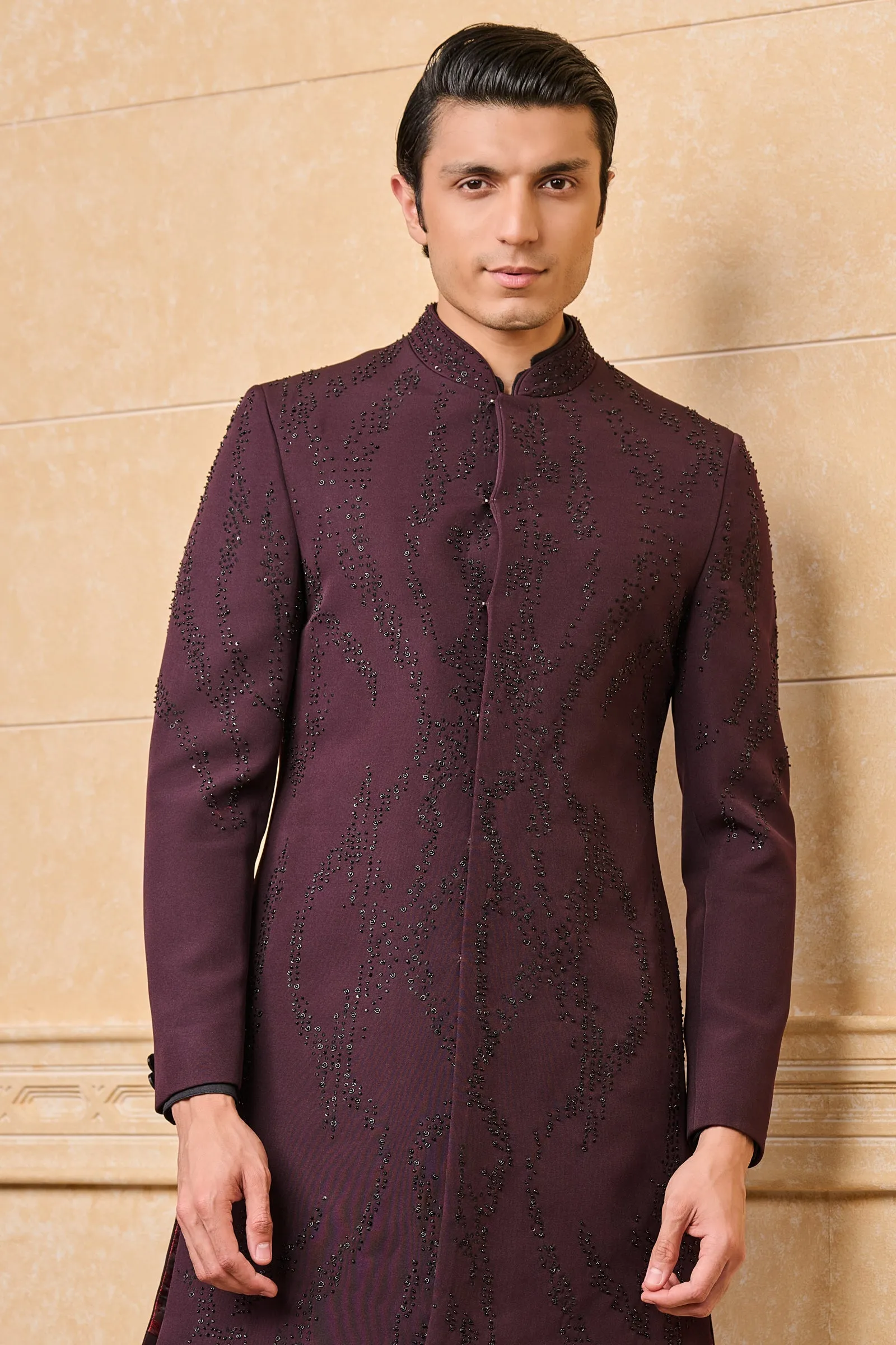 Wine Embroidered Layered Achkan