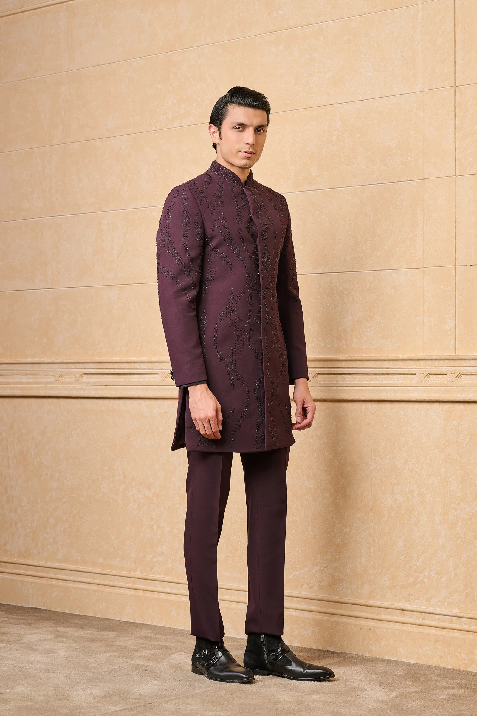 Wine Embroidered Layered Achkan