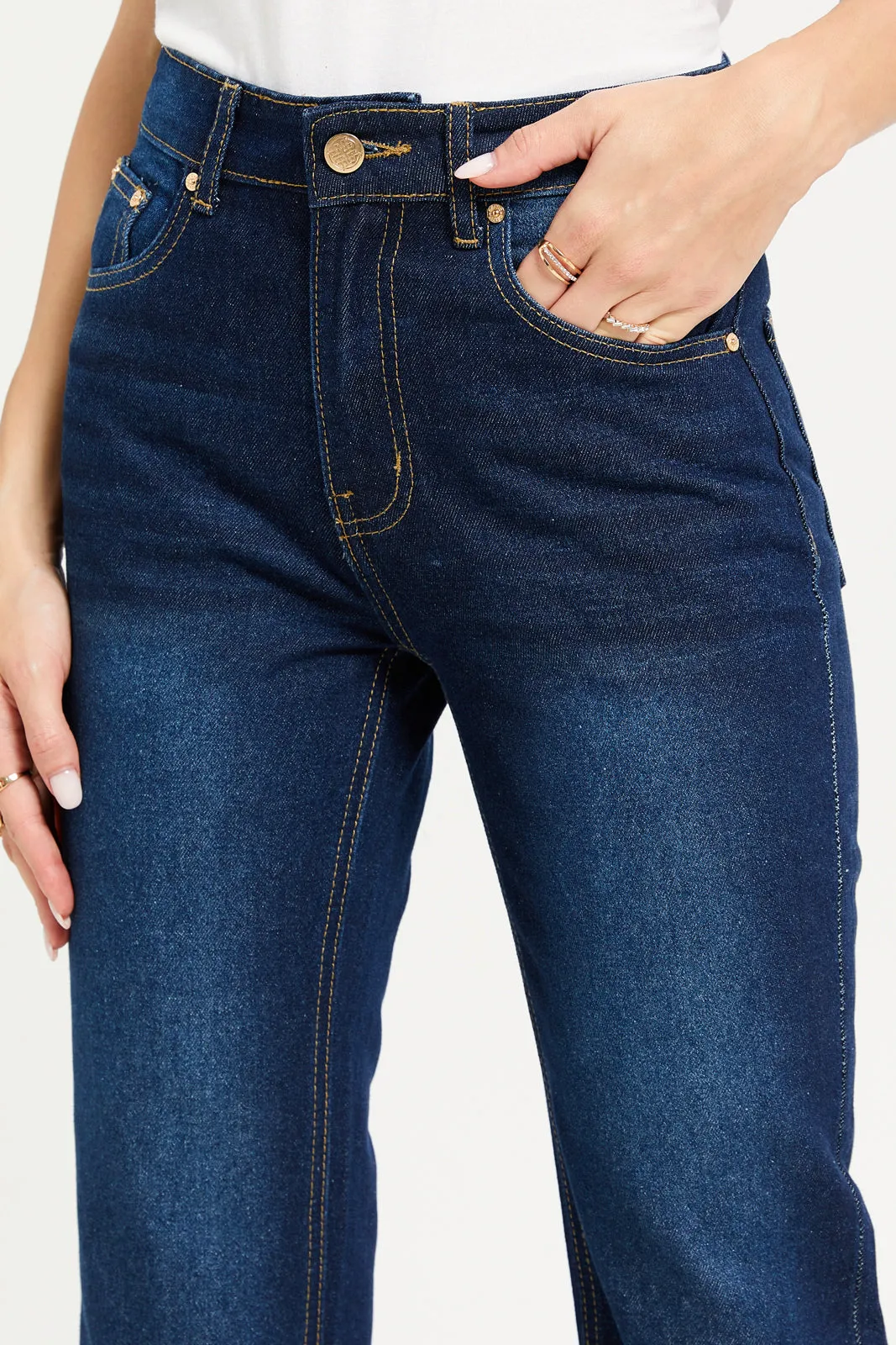 Women Navy Denim With Embroidered Detailing Jeans