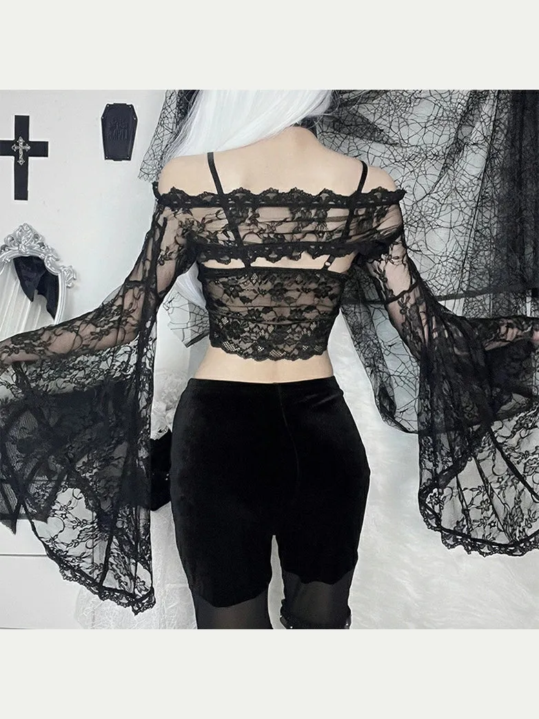 Women Off Shoulder Bell Sleeves Lace Tops