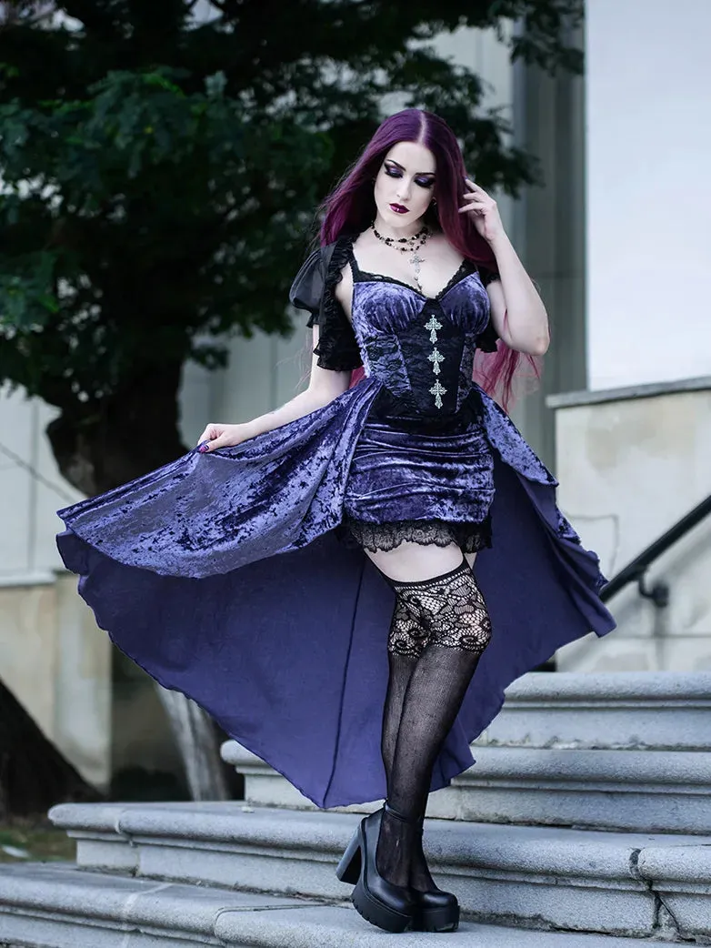 Women Purple Velvet Lace Patchwork Suspender Dress