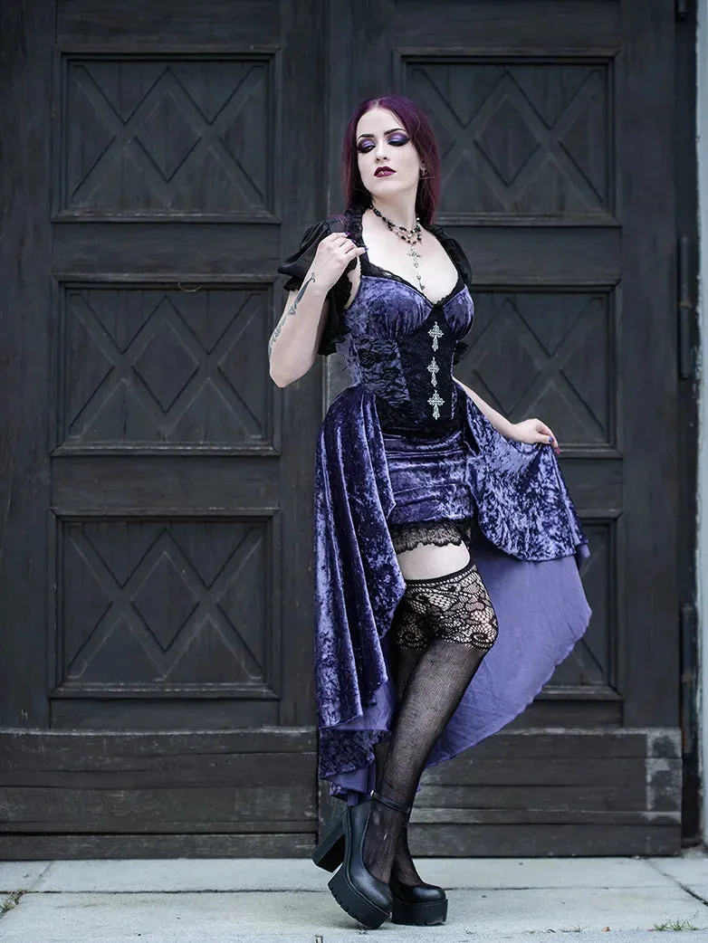 Women Purple Velvet Lace Patchwork Suspender Dress