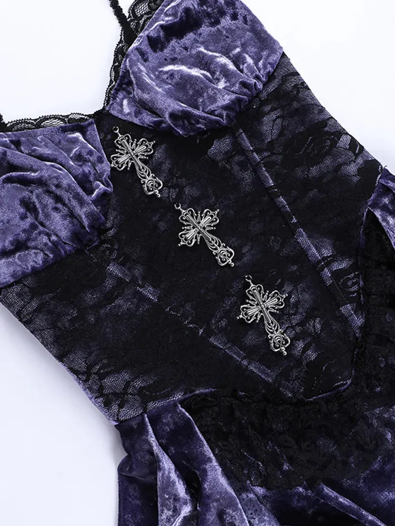 Women Purple Velvet Lace Patchwork Suspender Dress