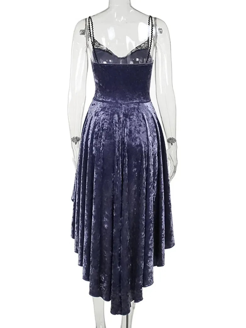 Women Purple Velvet Lace Patchwork Suspender Dress