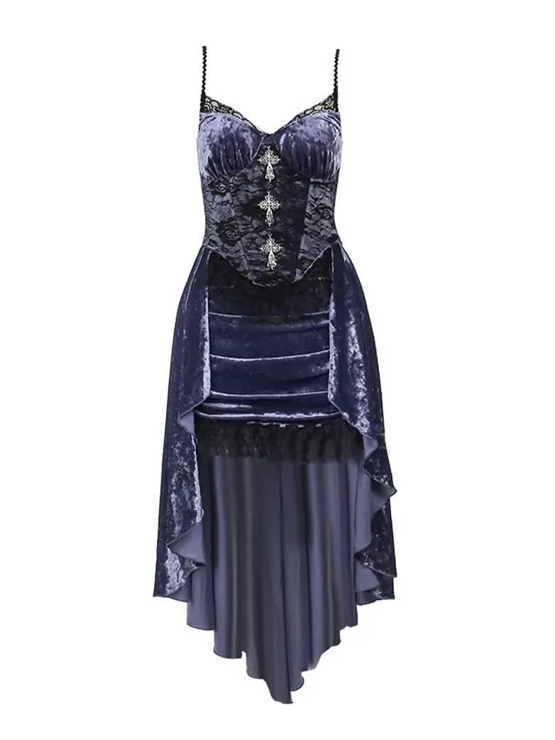 Women Purple Velvet Lace Patchwork Suspender Dress