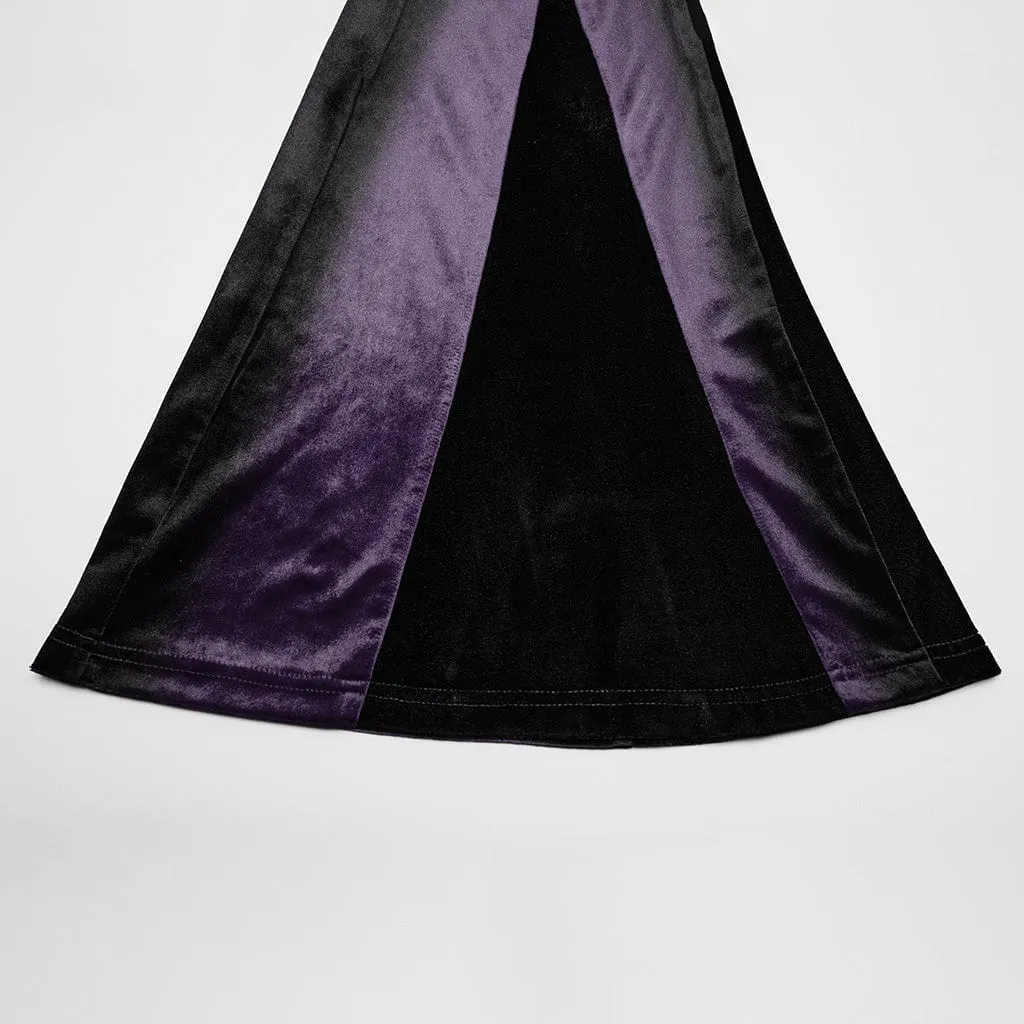 Women's Gothic Contrast Color Drawstring Velvet Flared Violet