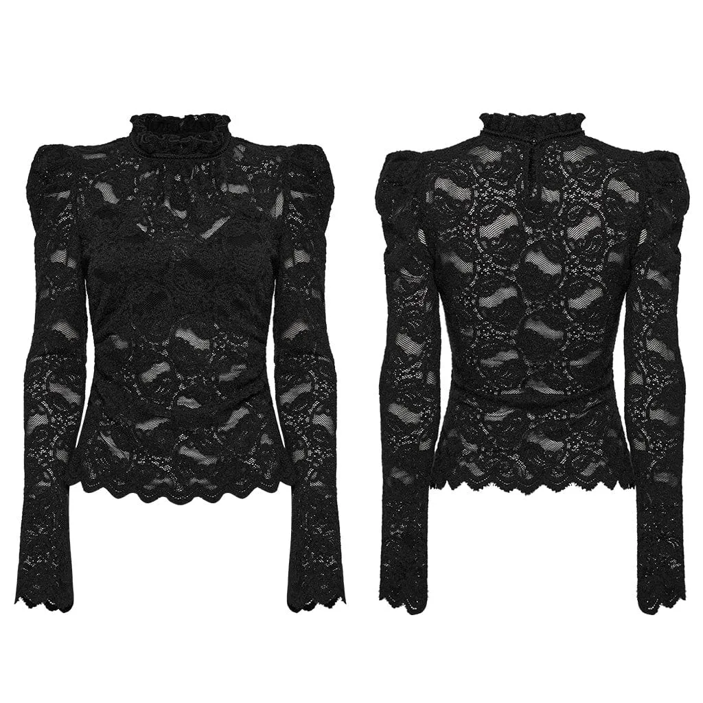 Women's Gothic Stand Collar Puff Sleeved Lace Shirt Black